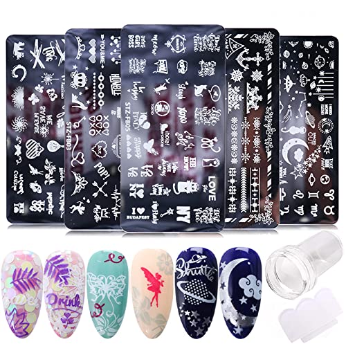 5 PCS Nail Stamping Plates+1 Stamper +1 Scraper Lace Space Star Butterfly Musical Notes Leaves Digital Love Heart Letters Snowflake Nail Stamp Plates Set Template Image Plate Nail Supplies Tool