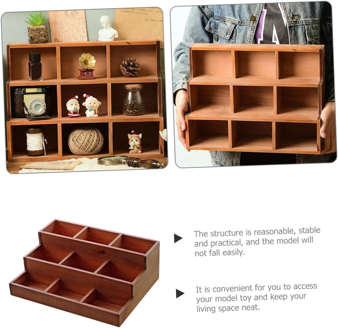 Zerodeko Wood Display Rack 9 Compartments Vintage Design Solid Wood Multi-Functional Storage for Toys Action Figures and Jewelry Wall-Mount or Desktop Use