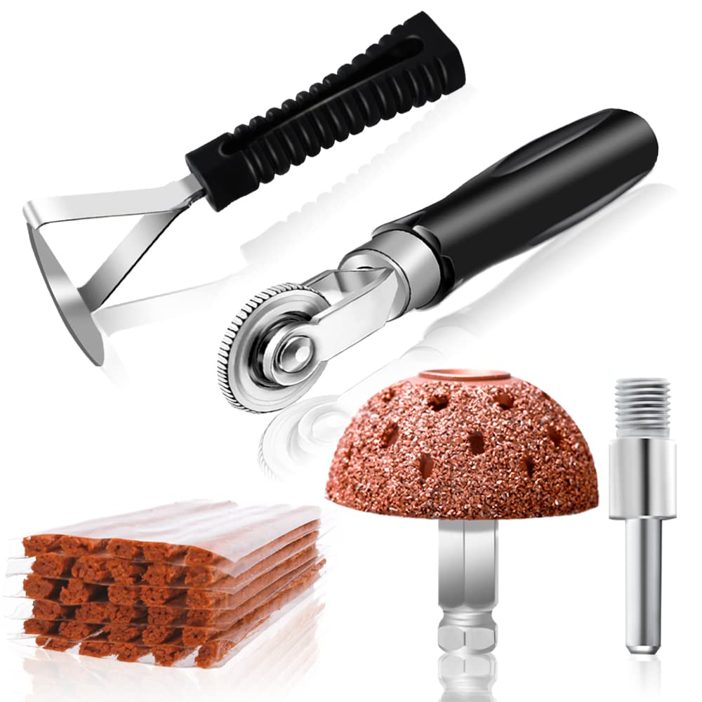 Tire Repair Patch Tools Tire Repair Kit with Plugs, Tire Plug Kit Tungsten Steel Buffing Wheel with Tire Patch Roller Liner Scraper for Car Tire Grinding Polishing Accessories Kit (55mm)