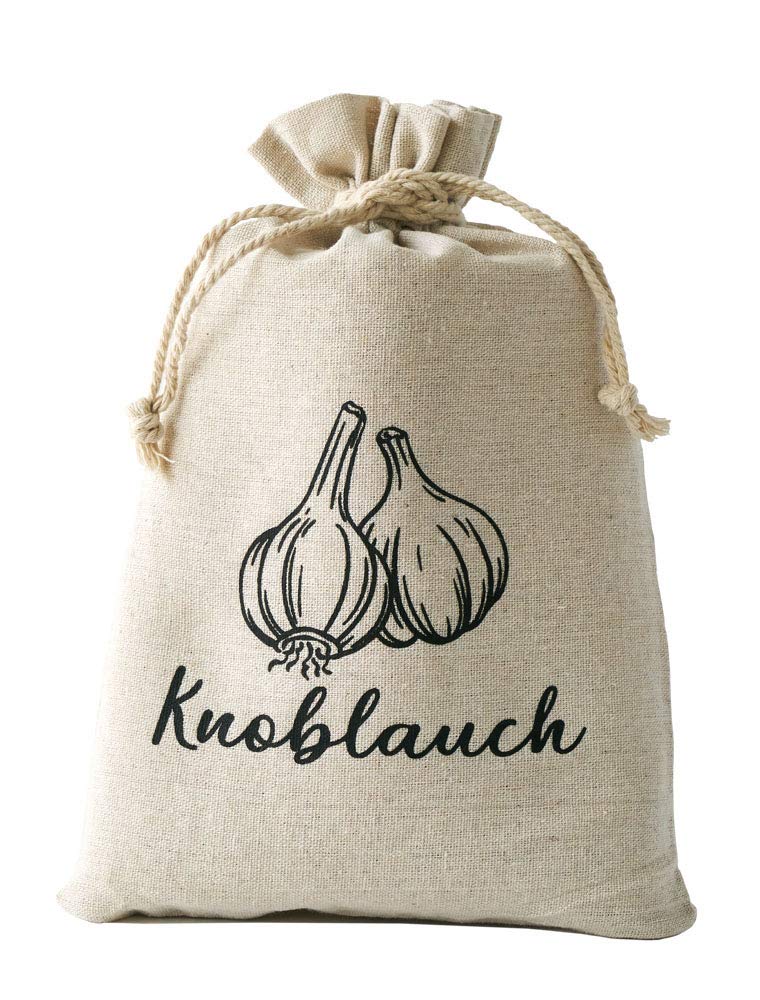 | 3er-Set, Gemüsebeutel aus Leinen-Stoff, zertifiziert, zur Aufbewahrung, je 1x mit Aufdruck für Kartoffel, Zwiebel, Knoblauch