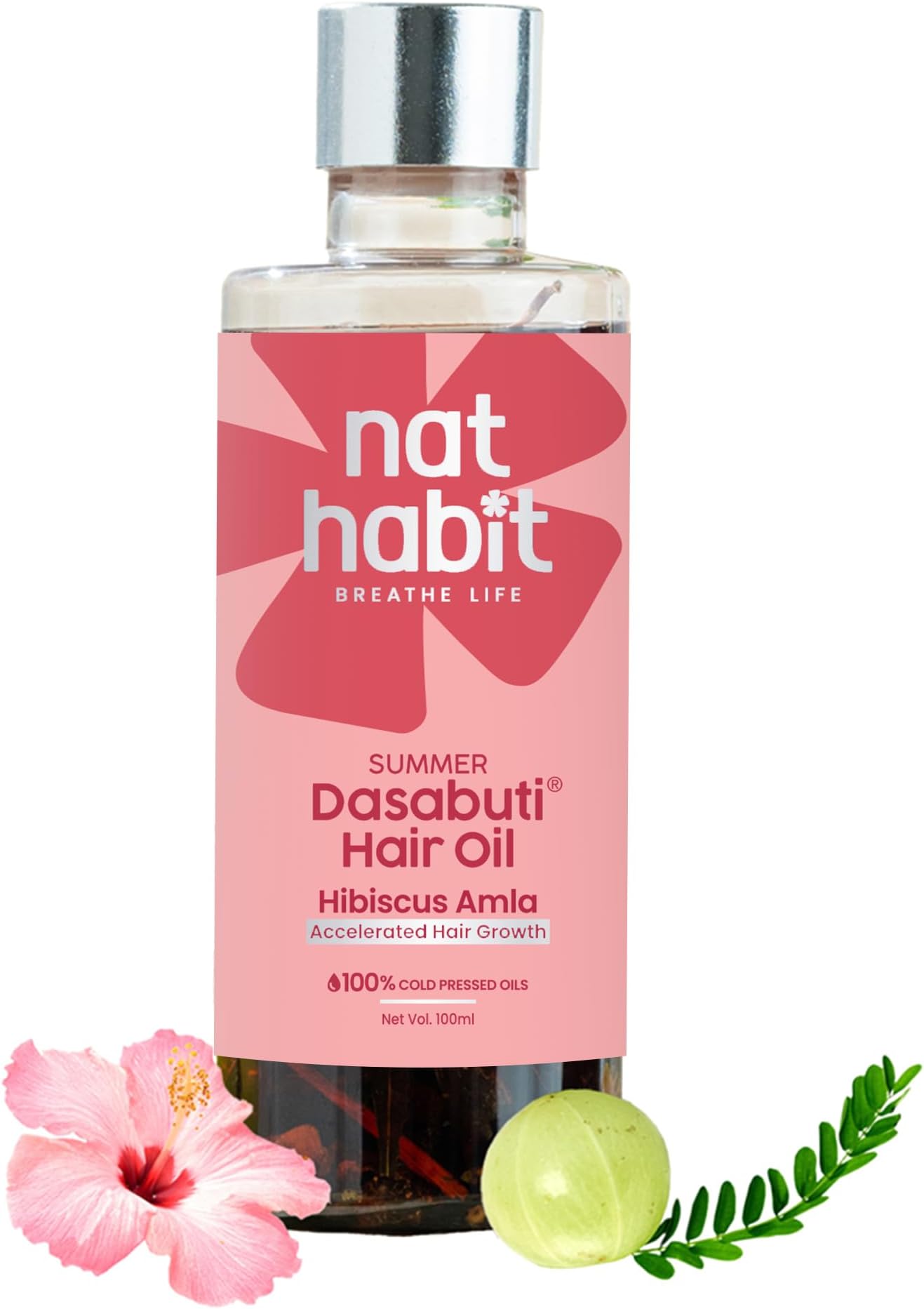 Nat Habit Hibiscus Amla Hair Oil For Men & Women, Helps In Hair Growth & Thickness, For dry and frizz Hair, No Paraffin, Mineral Oil, Preservatives & Chemicals, 100ml