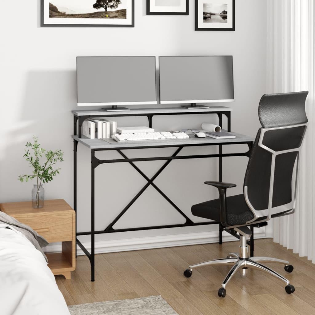 Schreibtisch Grau Sonoma 100x50x90 cm aus Holzwerkstoff und Eisen, Computer Arbeit Laptop PC Tisch mit Ablage, Bürotisch für Homeoffice, Lernen, Zocken und Ordnung