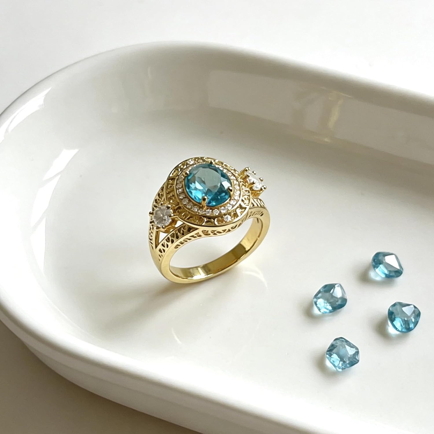 14K Gold Plated 925 Sterling Silver CZ Ring for Women,Vintage Gold Promise Engagement Ring Blue Oval Cut Cubic Zirconia Filigree Halo Rings Bands Jewelry Gift for Her Wedding Anniversary Size:6-10