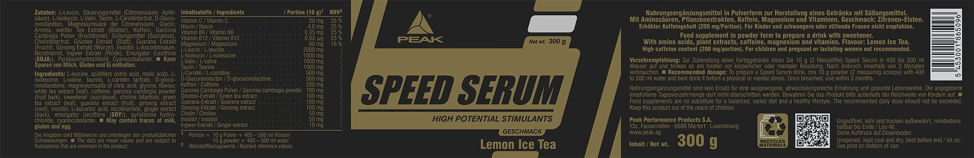 PEAK Speed Serum - 300g Geschmack Lemon Ice Tea I 30 Portionen I Pulver I Energydrink I Pre-Workout I Diät I mit BCAAs I L-Carnitin I Panax Ginseng I Grüntee EGCG I Guarana Extrakt