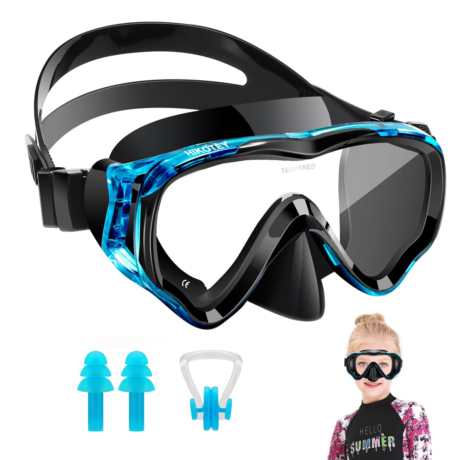 HIKOTEY Children's Diving Goggles (4-16 Years),180°Panoramic View Diving Mask With Tempered Glass Lenses,Anti-fog, Anti-leak Technology,Adjustable Silicone Strap,Includes Earplugs and Nose Clip(Blue)