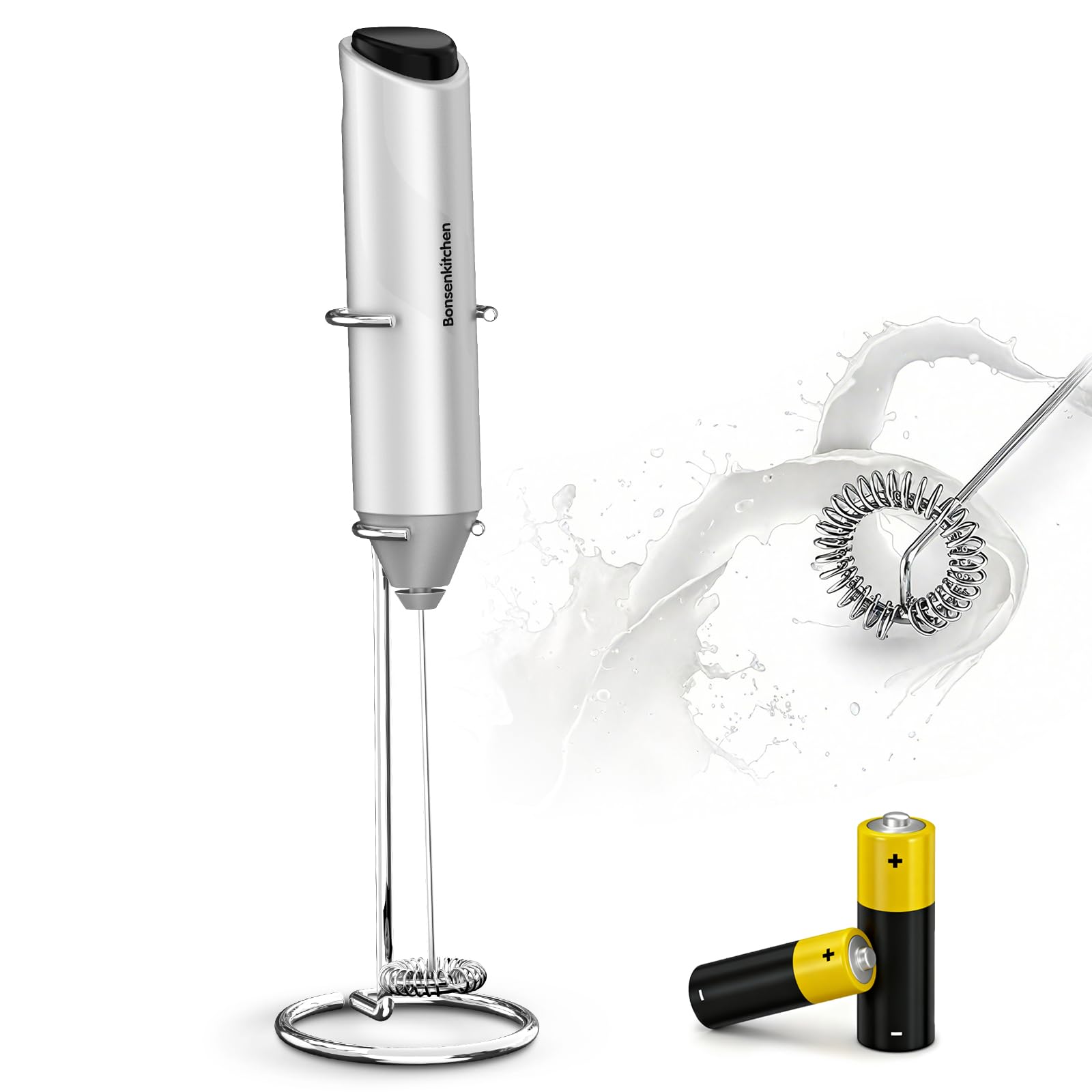 Bonsenkitchen Elektrischer Milchaufschäumer, Handheld Milchschäumer Stab, mit Edelstahlständer und Batterie, geeignet für Latte, Cappuccino und Matcha, Geschenke für Kaffeeliebhaber, Silber
