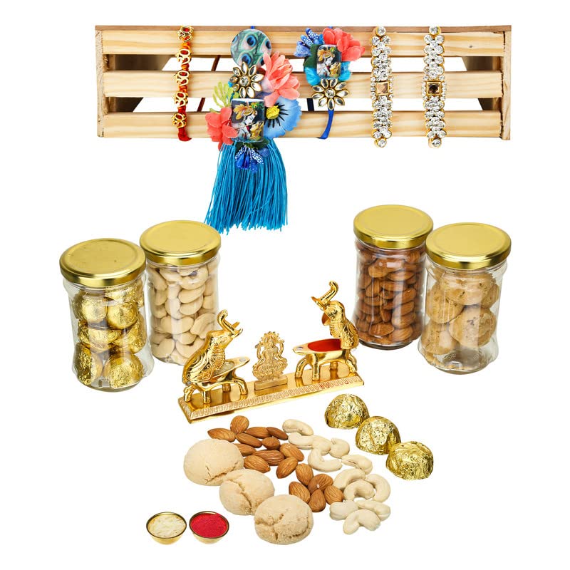 Image of NUTRI MIRACLE Rakhi Dry Fruit & Nut Gifts I Variety Of Fancy Rakhis For Brother N Family I Hathi Chopda Tilak Kit,400gm