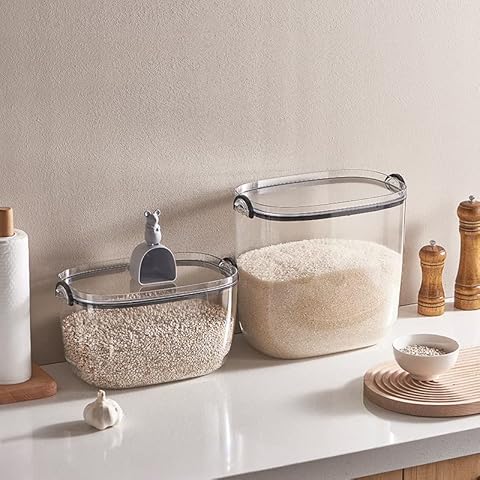 Eden & Willow Large Storage Box for Grains and Rice, Modern Kitchen Container with Air-tight Sealing and scoop for Rice, Cereal, Beans, Coffee, Flour (Black, 4~5kg) Cover