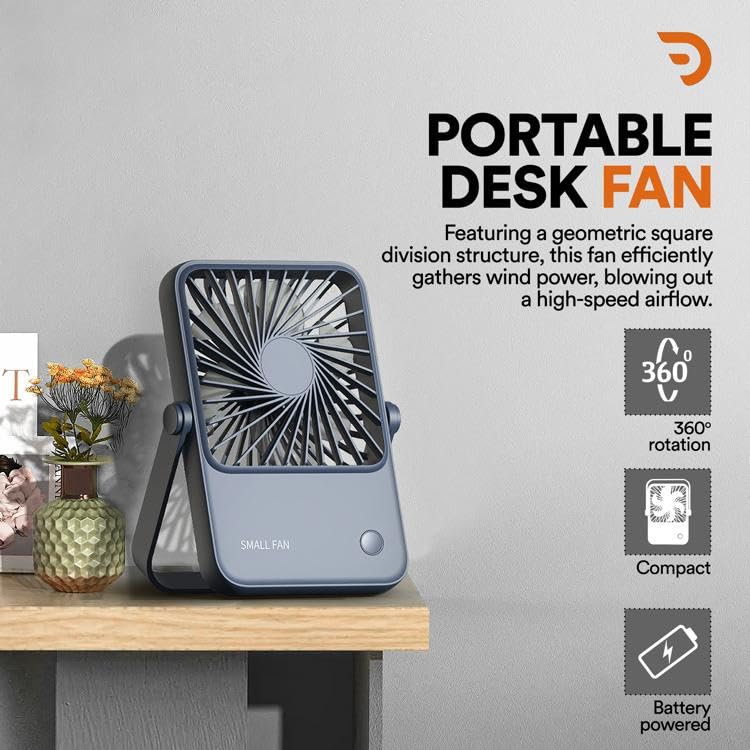 Image of Dravina Portable Desk Fan Battery Operated - 3000mAh, Foldable, 3 Speed Modes Strong Airflow, Small Personal Fan with 180 Adjustable Tilt Angle, Quiet Cooling Fan for Home, Office, Dorm
