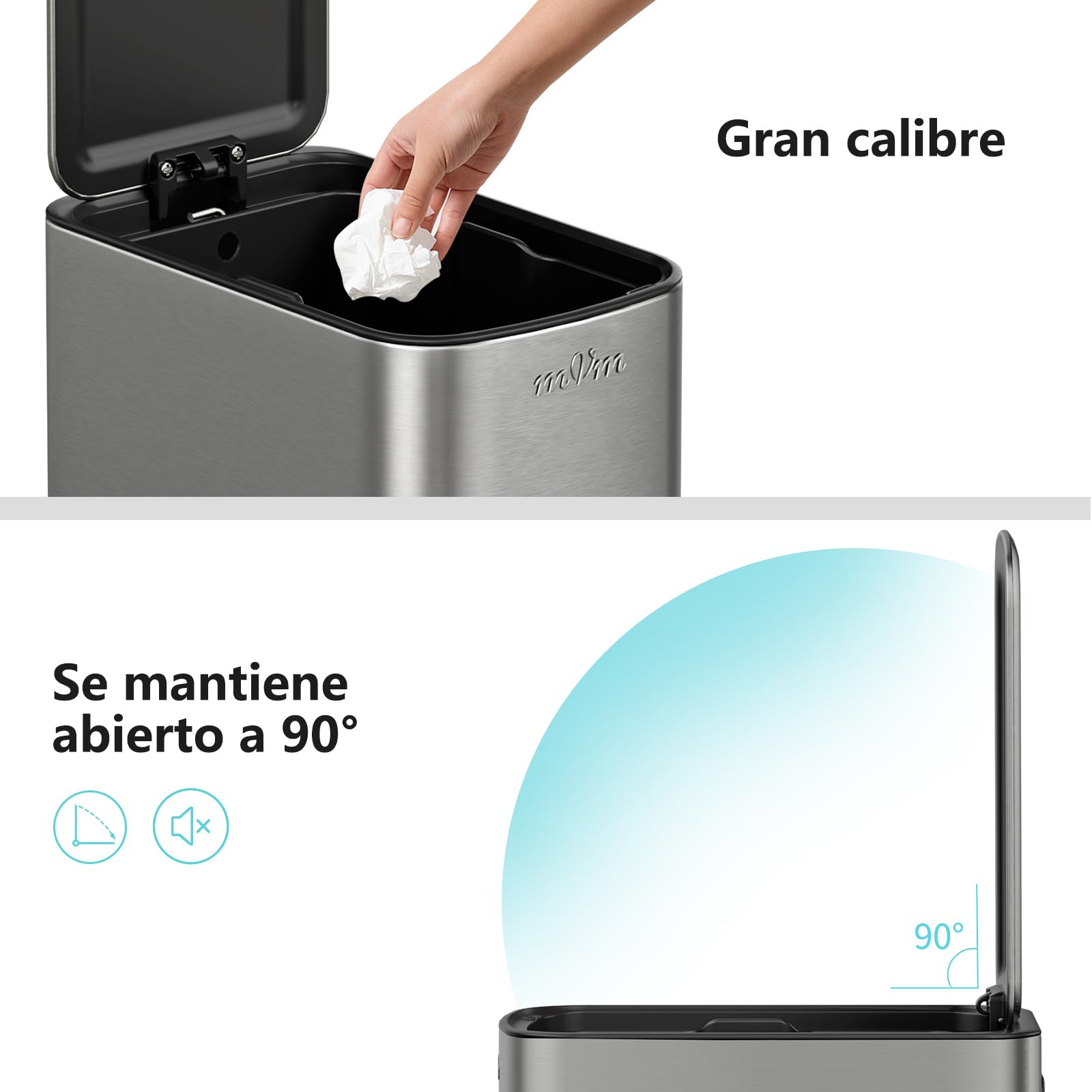 mVm Cubo de Basura Baño 6L+30L con Pedal, Cubo Interior Extraíble, Cierre Suave Soft Close, Papelera Baño Acero Inoxidable Slim para Baño Moderno