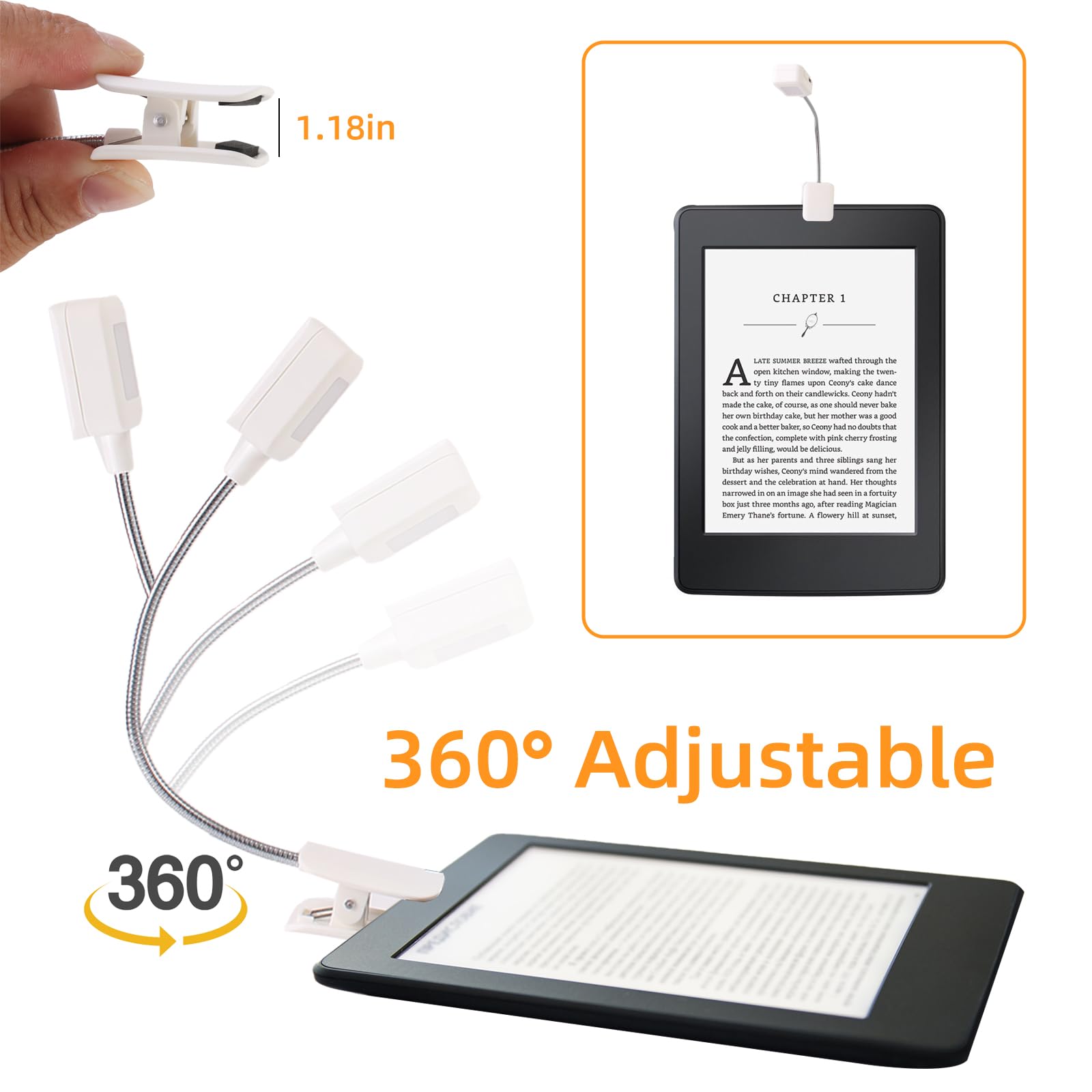 UXIETIN Luce da lettura regolabile e pieghevole per Kindle, ricaricabile USB, nero