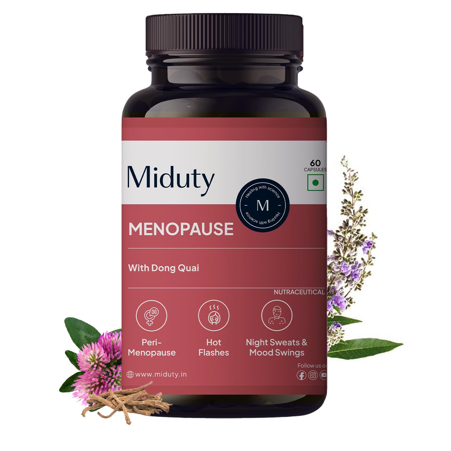 Miduty Menopause Health Supplement - Hormonal Imbalance - Night Sweating - Mood Swings - Bone health - Helps in PMS - 60 Veg Capsules