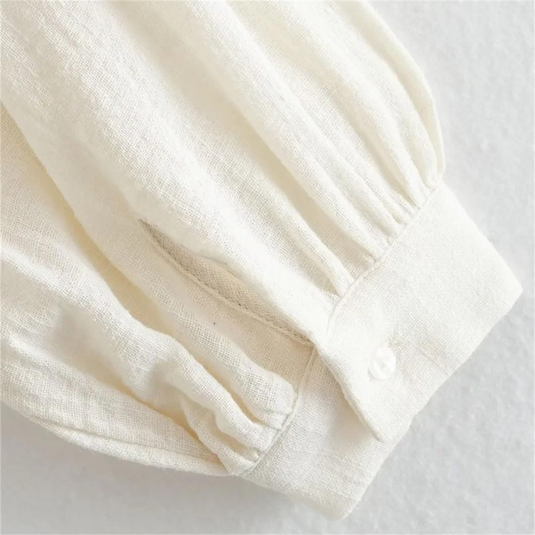 Camicia estiva da donna con scollo a V, maniche a lanterna, ampia, con fiori ricamati, in cotone