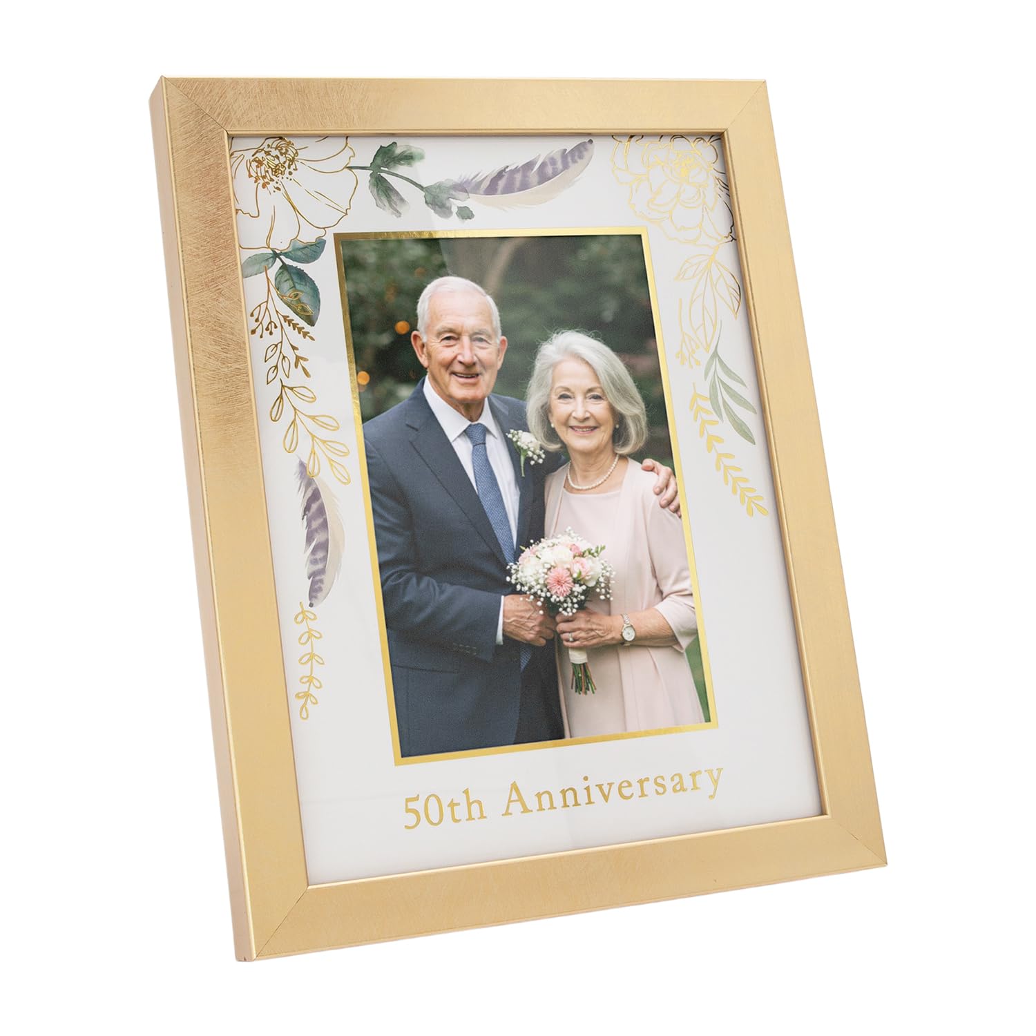 Happy Homewares Modern 50th Golden Anniversary 4x6 Picture Frame in Brushed Gold with Floral Decor | Gold Foil Print | For Table or Wall Hanging