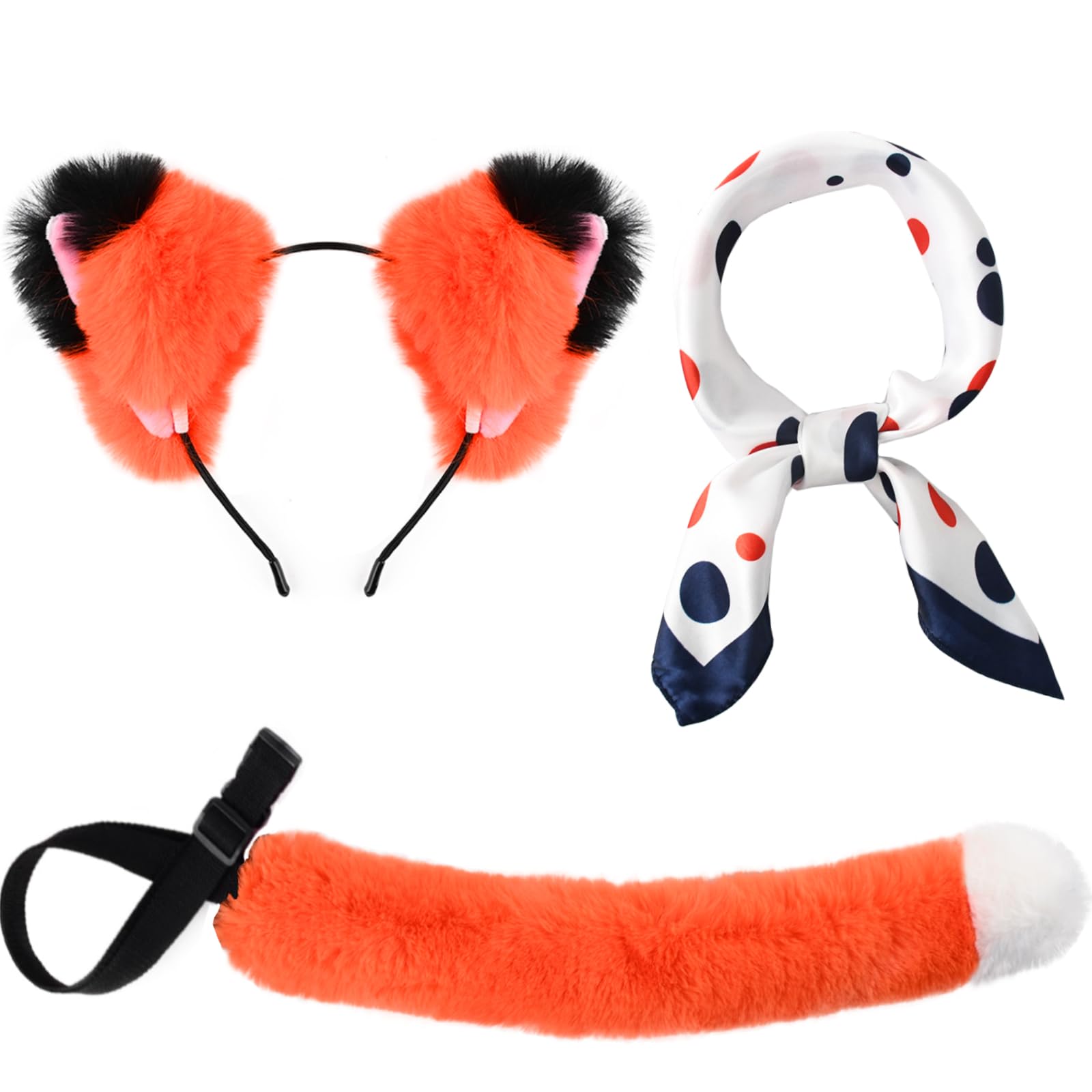 Kavoc 3 Pcs Fox Role Play Costume Accessories Set Include Fox Ears Headband Tail Blue Polka Dots Square Scarf for Kids Adults World Book Day Fancy Dress Up