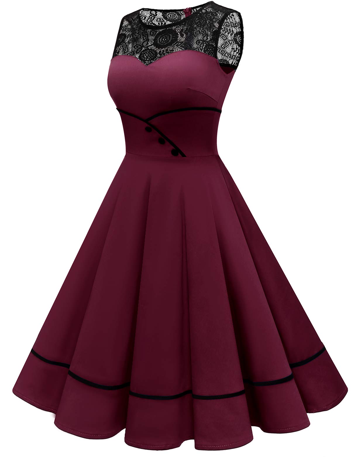Bbonlinedress Damen Cocktailkleid Rockabilly Spitzenkleid 50er Retro Vintage Faltenrock Elegant Ärmellos Rundhals