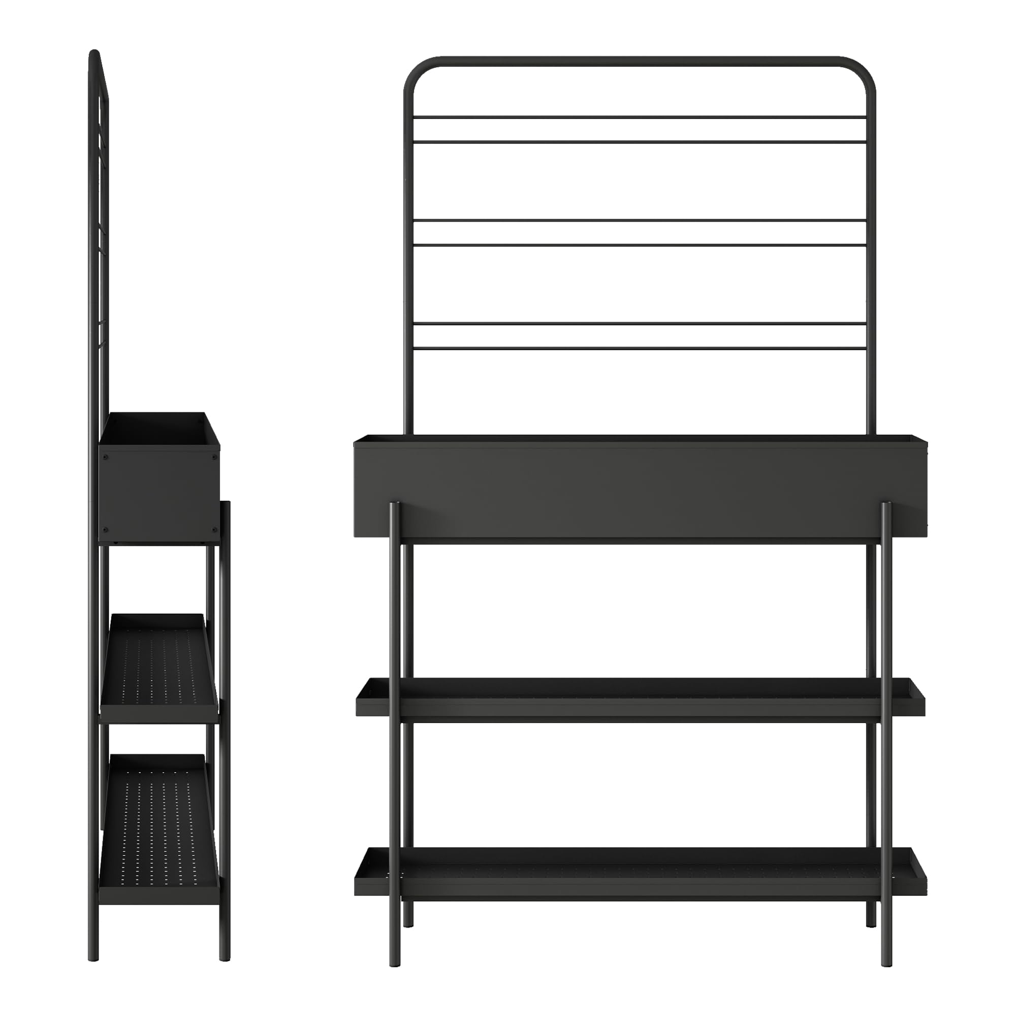 casa.pro Outdoor Pflanzenregal Aalsmeer Pflanzenständer mit Blumenkasten 2 Ablagen Blumenregal aus Metall 154 x 96 x 24 cm indoor Schwarz