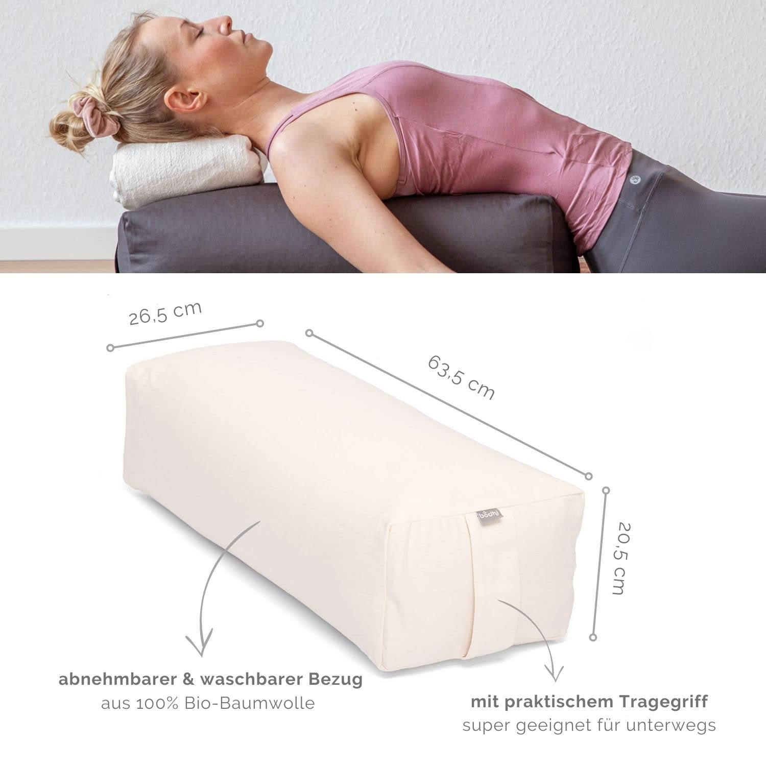 Bodhi Yoga Bolster Éco Rectangulaire – Housse Coton Bio Lavable, Rembourrage Épeautre Bio, 64x25x17 Cm