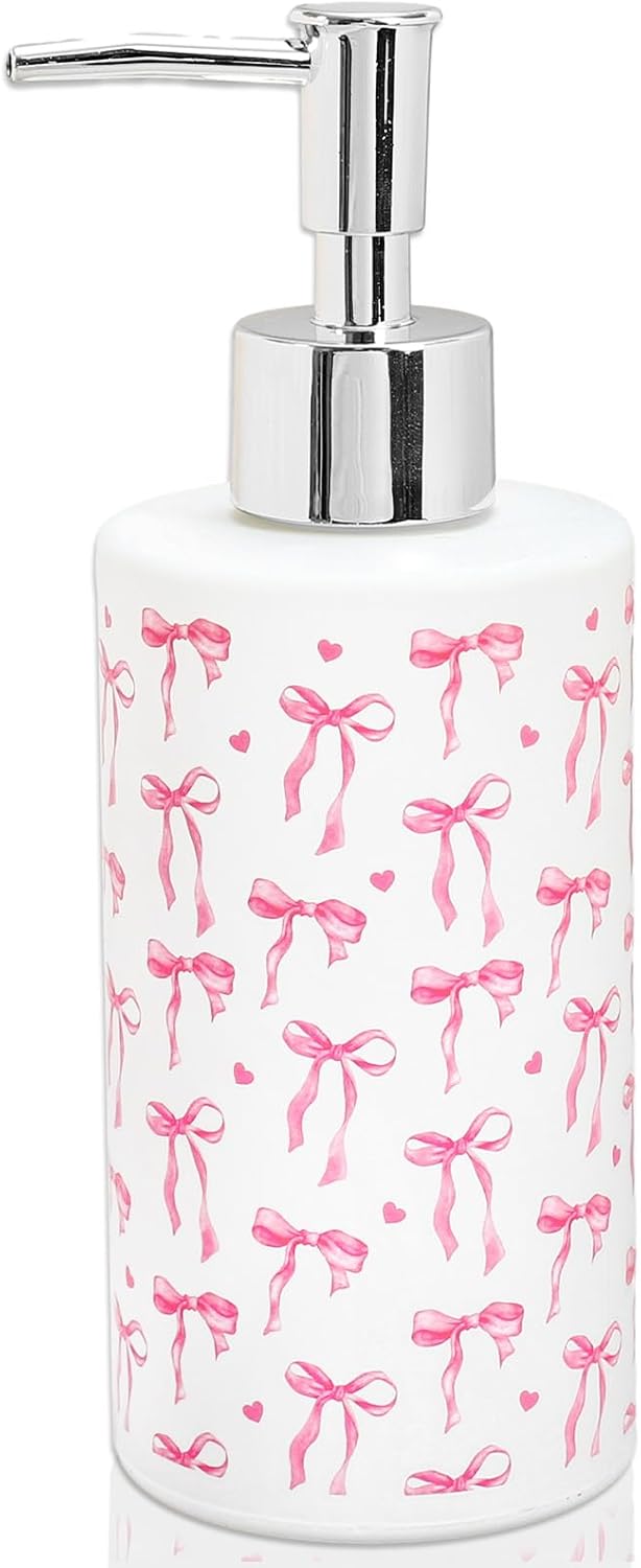 Pink Bow Soap Dispenser Refillable Soap Container Watercolor Bow Mini Heart Glass Soap Dispenser with Pump for Bathroom Kitchen Countertop Decor