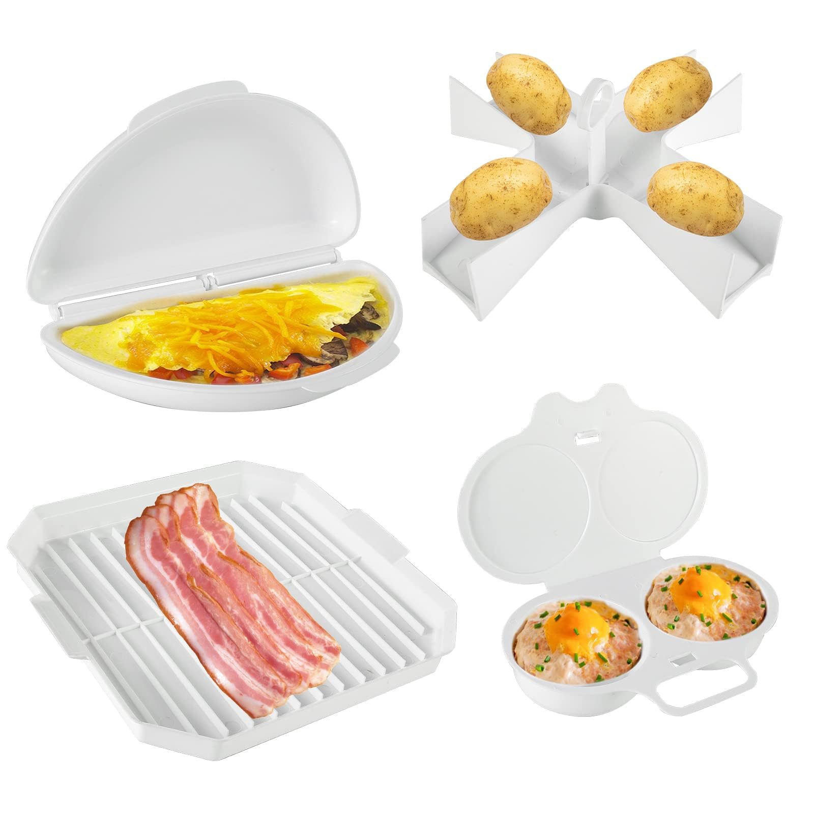 Azonee 4Pcs Microwave Cooking Set, Microwave Egg Maker, Heat Resistant Microwave Oven Cookware Set with Bacon Baking Plate, Egg Steamer, Fried Egg Box Potato Rack, for Home Kitchen, Easy Egg Maker