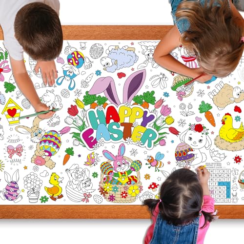 Image of Easter Large Coloring Poster for Kids, Happy Jumbo Coloring Paper Tablecloth, Bunny Eggs Color-in Craft Activities for School Classroom Home Party Supplies Decorations, 30 x 72 Inch