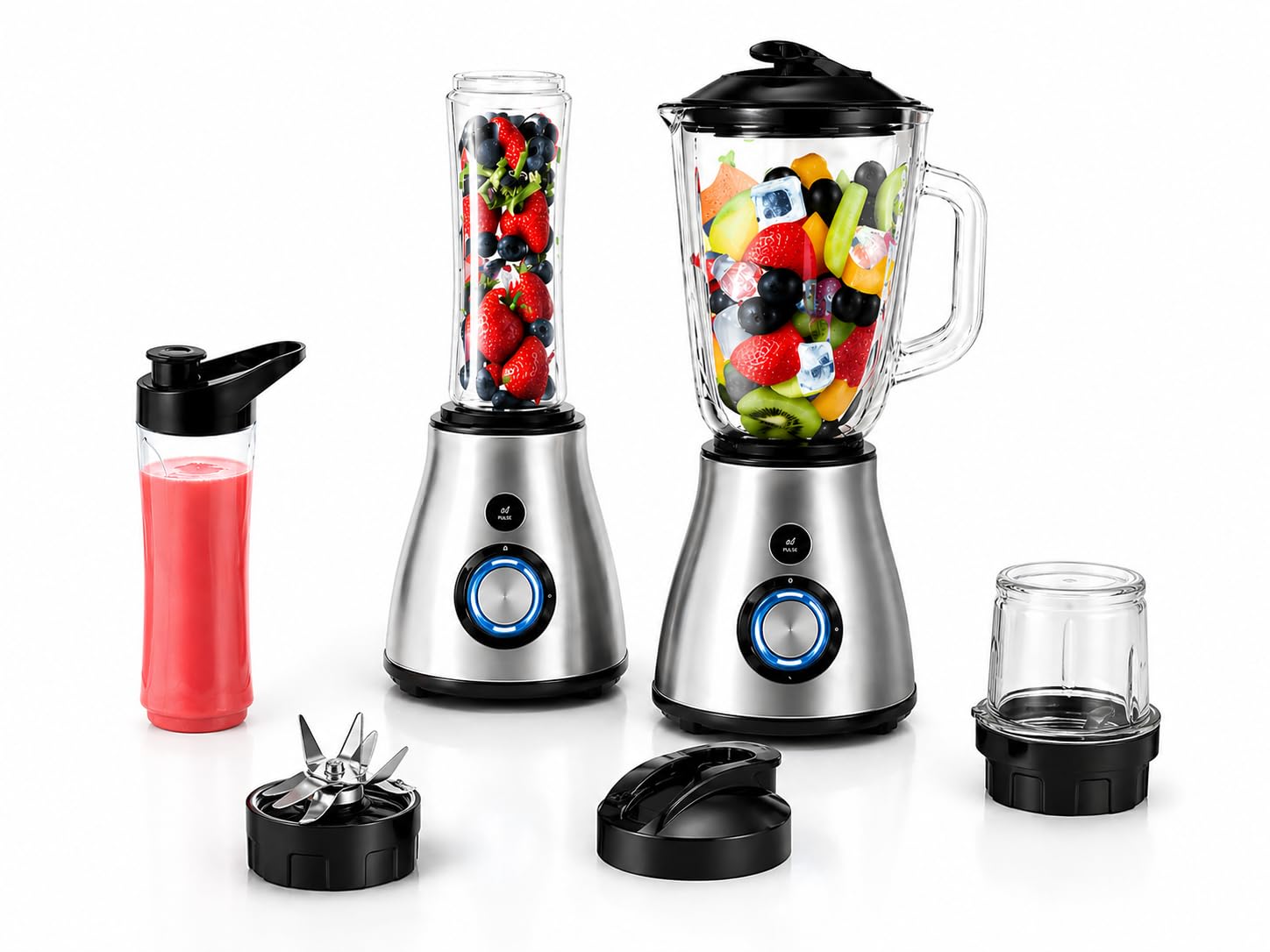 Licuadora Eléctrica Profesional 3 en 1 800W, Vaso de Vidrio 1.5L, Molinillo para Café y Especias, Botella Portátil 600 ml, 5 Velocidades + Función Ice Crush, 220-240V 50/60Hz