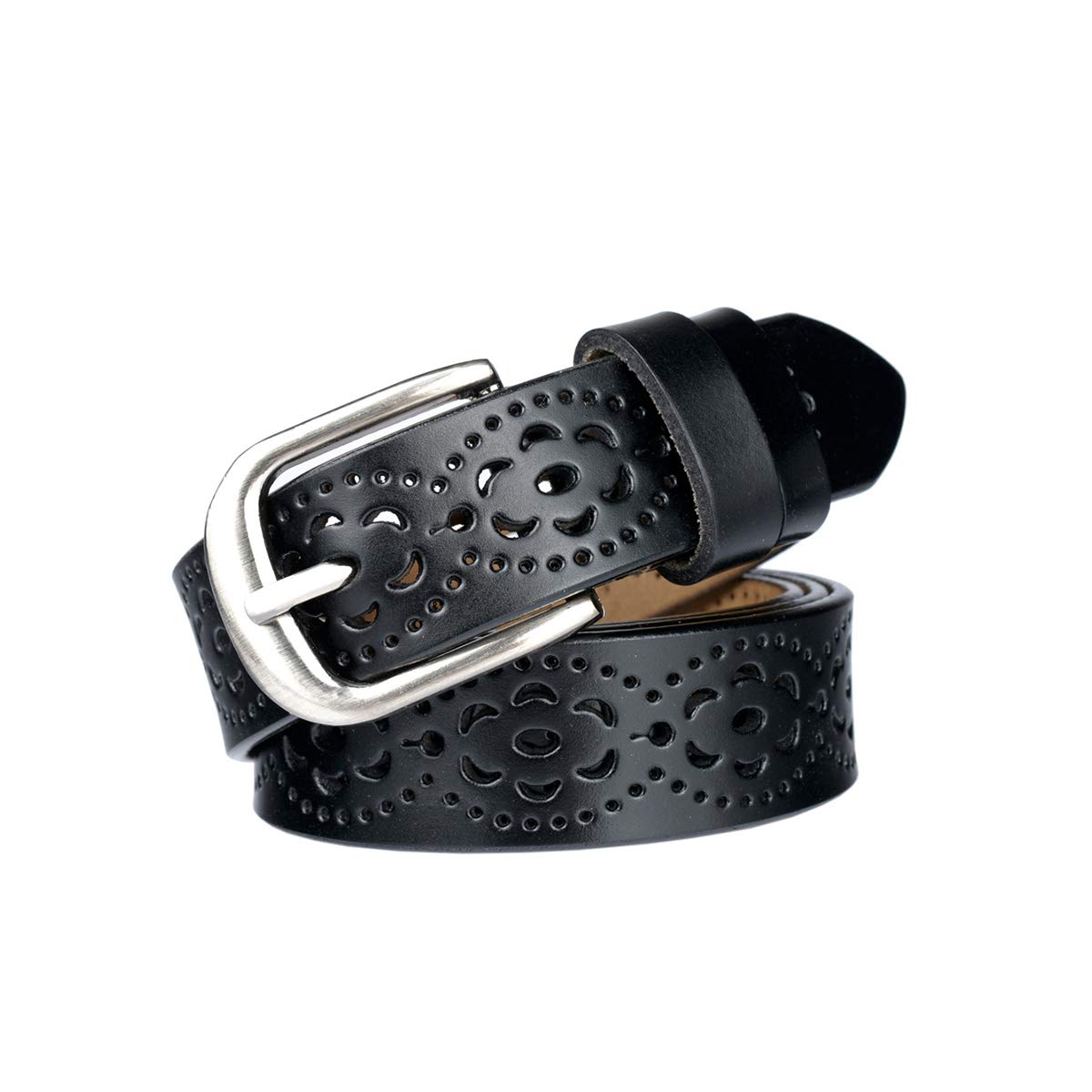 Lalafancy Vintage Genuine Cowhide Leather Women's belt Fashion Hollow Flower Design Ladies Waist Belt with Alloy Buckle for Jeans (Black)