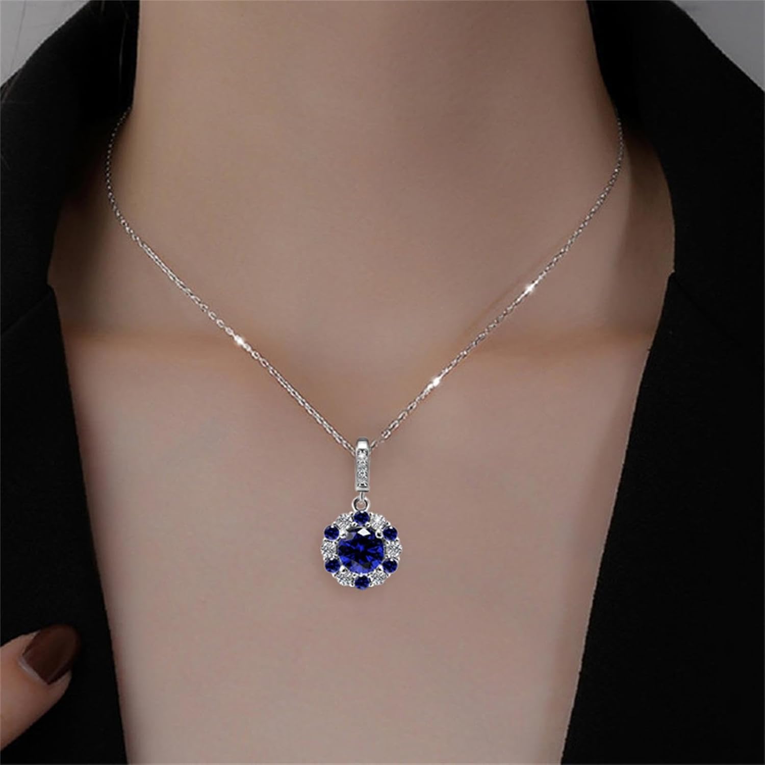 Sapphire Necklace Sterling Silver Sparkling CZ Blue Round Halo Pendant Necklace Fashion Exquisite Round Cut Halo Pendant Luxurious September Birthstone Jewelry Gifts for Birthday Wedding Christmas - Image 4