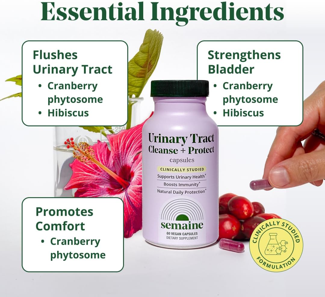 Semaine Urinary Tract Cleanse & Protect - 60 ct, Bladder Support Supplement for Women, Flushes Urinary Tract. Combines Cranberry Proanthocyanidins with Hibiscus