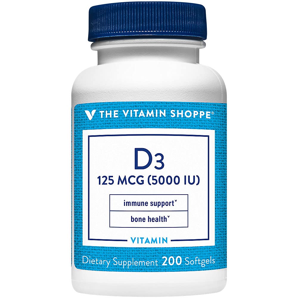 The Vitamin ShoppeVitamin D3 5000IU Softgel, Supports Bone & Immune Health, Aids in Cellular Growth & Calcium Absorption, Gluten Free & Once Daily Formula (200 Softgels)