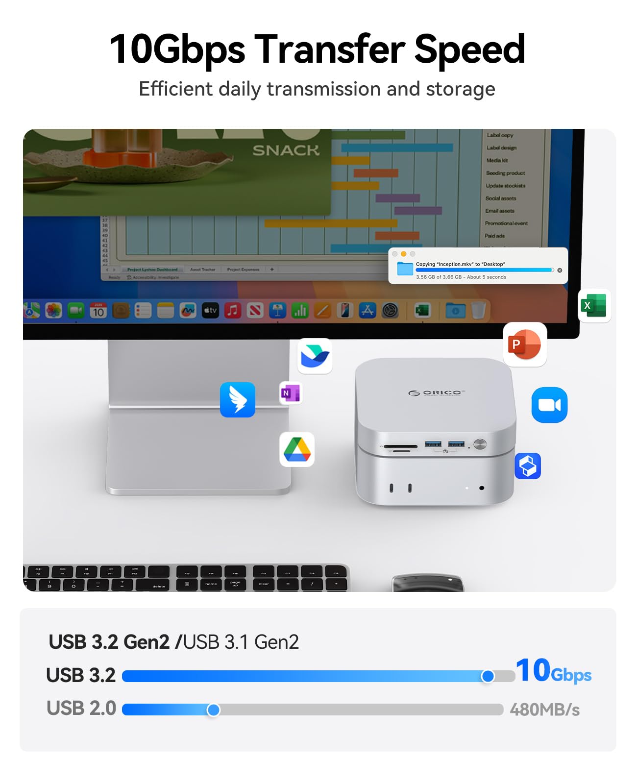 Dock e Supporto ORICO MiniLink per Mac mini M4, Hub USB C in Alluminio con Custodia SSD per M.2 NVMe/SATA, 2 porte USB 3.2 a 10Gbps, SD/TF 3.0, Dock Argento per Mac mini M4 / M4 Pro - M49P