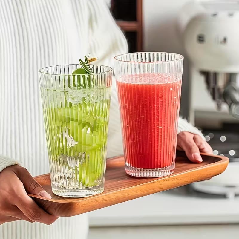 Image of PrimeWorld Ribbed Glass Tumbler Set of 6 - 350ml Striped Highball Glasses for Cocktails, Smoothies, Iced Coffee, Whiskey & Juice | Stylish and Durable Drinking Glasses for Home, Kitchen & Parties