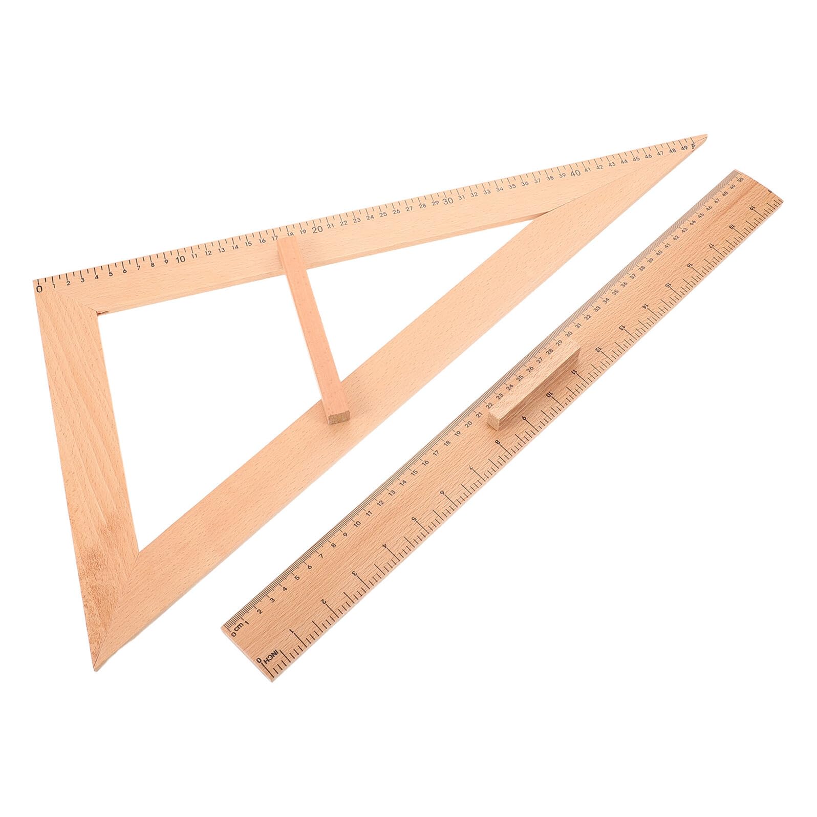 Righello Didattico in Legno 50cm e Squadra Angolare Set 2 Pezzi, Dispositivo di Misurazione per Scuola e Cucito, Strumenti Didattici per Studenti e Insegnanti