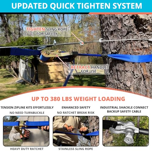Zip Line Kit for Kids Adults : 120FT Up to 380Lbs – Quick Tighten Zipline for Backyard Outdoor with 100% Rust Proof Removable Trolley Seat Spring Brake