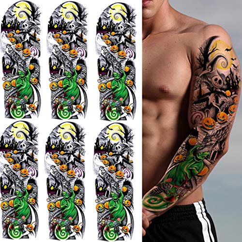 6 Sheets PADOUN Nightmare Before Christmas Temporary Tattoos, Halloween Full Arm Temporary Tattoos Sleeve Stickers, Fake Tattoos Pumpkin Ghost Tattoo Stickers for Men Women Girls Boys