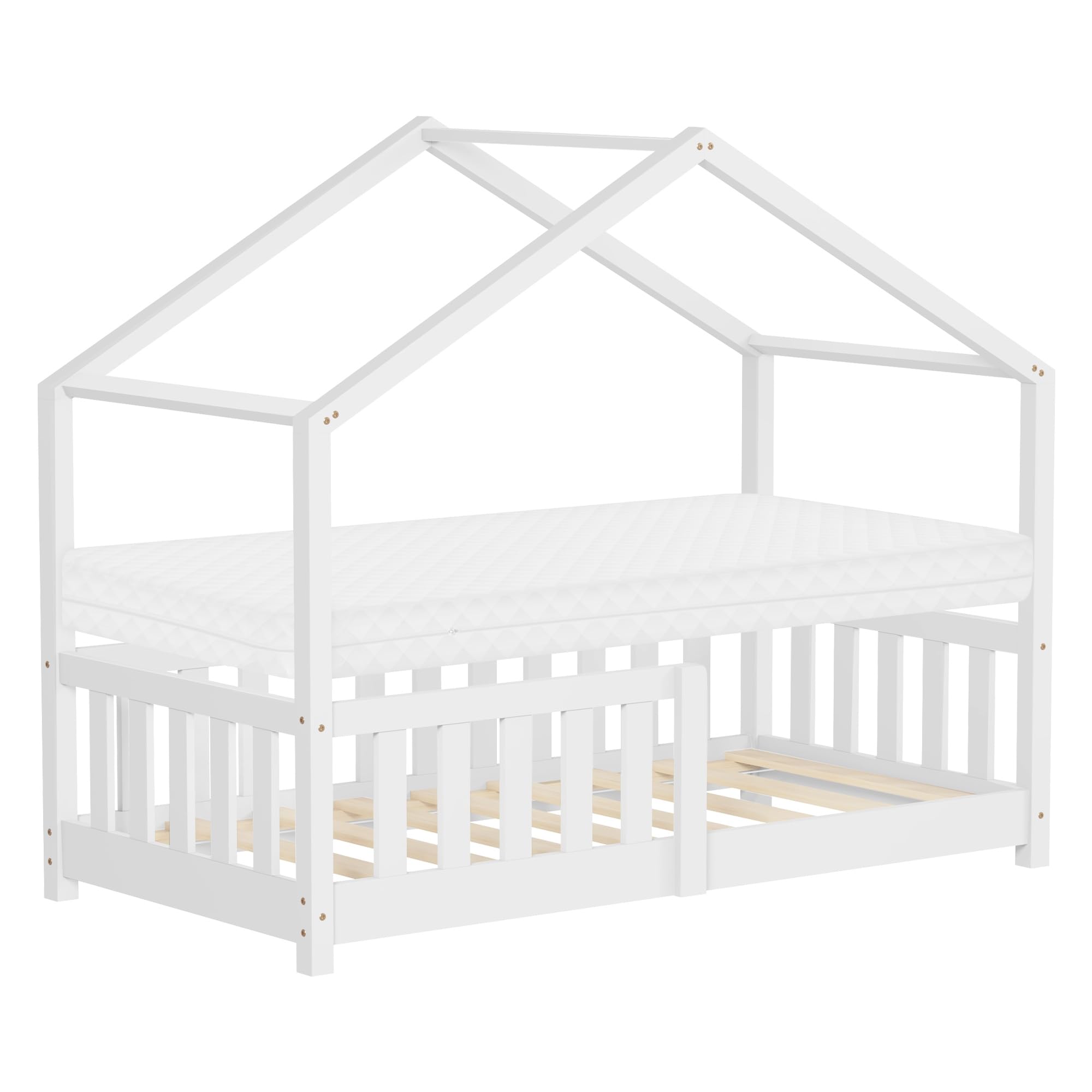 ML-​Design Lit Cabane Enfant 70x140 cm Blanc avec Matelas, Protection Antichute, Toit et Sommier à Lattes, Pin Massif, Style Maison, Couchage au Sol Montessori pour Fille Garçon Chambre à Coucher