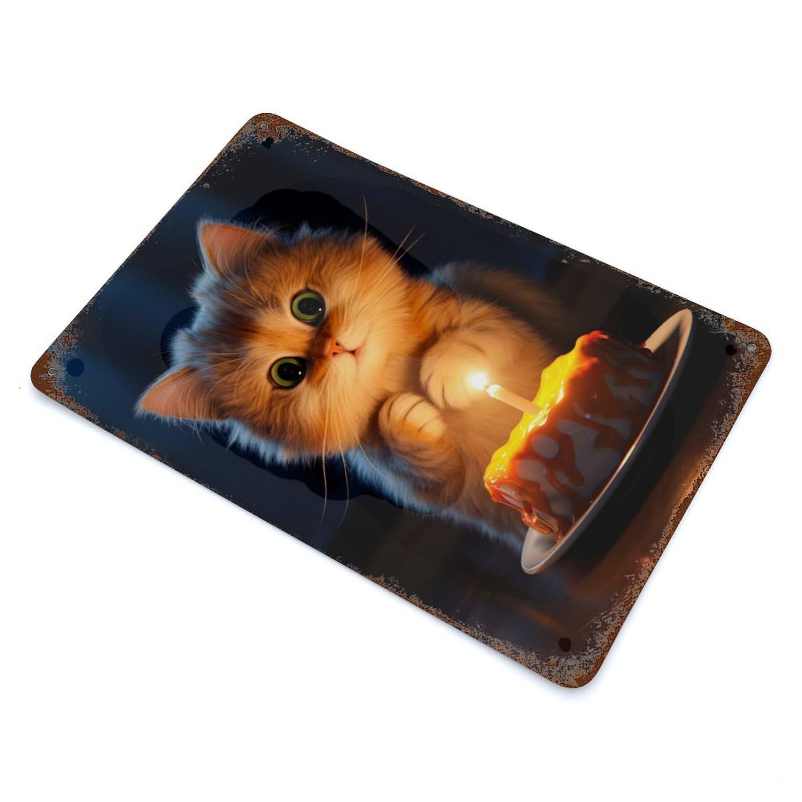 Garage Style Kitten Birthday Cake Rust Effect Tin Sign 11.8"x7.9", Classic Wall Plaque for Bar And Workshop