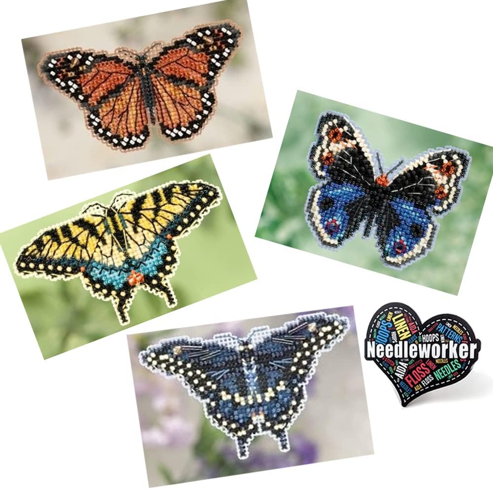 Mill Hill Butterflies Beaded Counted Cross Stitch Kits, Set of 4 Spring Ornament Kits - Plus Decorative 'Needleworker' Sticker