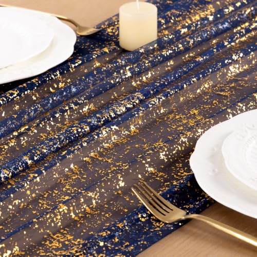 Image of Gold Glitter Table Runner Navy Blue Sheer Gauze Foil Table Runner 120 Inch