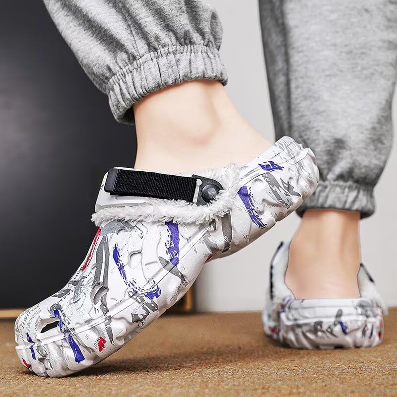 Image of Men's Graphic Fuzzy Lined Clogs Winter Slip On Shoes