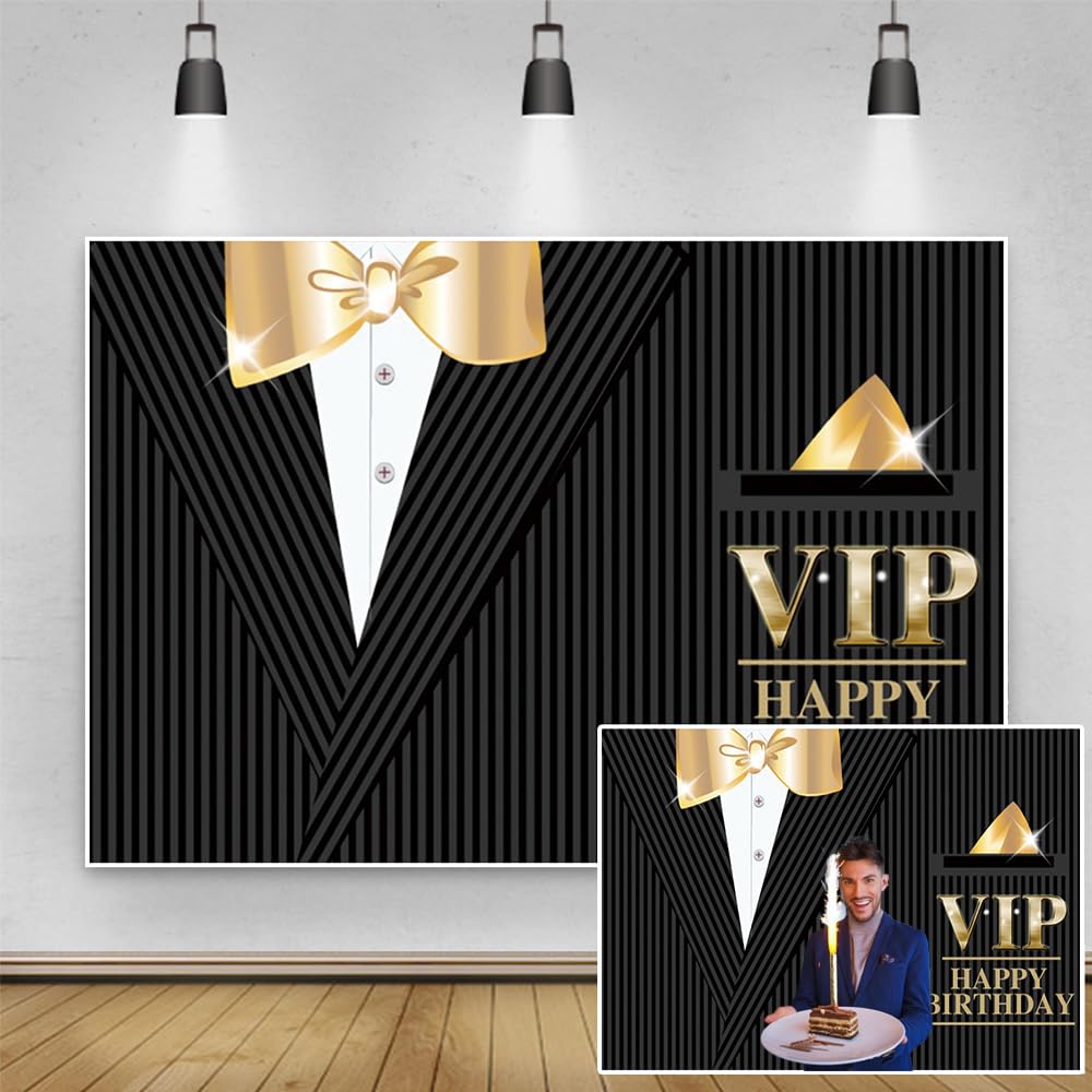 TTQYFNM 7x5ft VIP Happy Birthday Backdrop Sparkly Gold Bow Tie White Shirt Black Suit Tuxedo Photography Background for Gentlemen Father Birthday