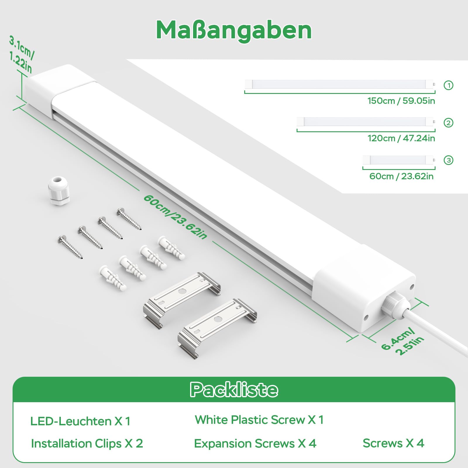 Modlicht Feuchtraumleuchte Led 60cm, 18W 1980LM werkstattlampe 4000K Neutralweiß, LED Deckenleuchte IP65 Wasserfest Wannenleuchte, kellerlampe für Büro Keller Garage Lager