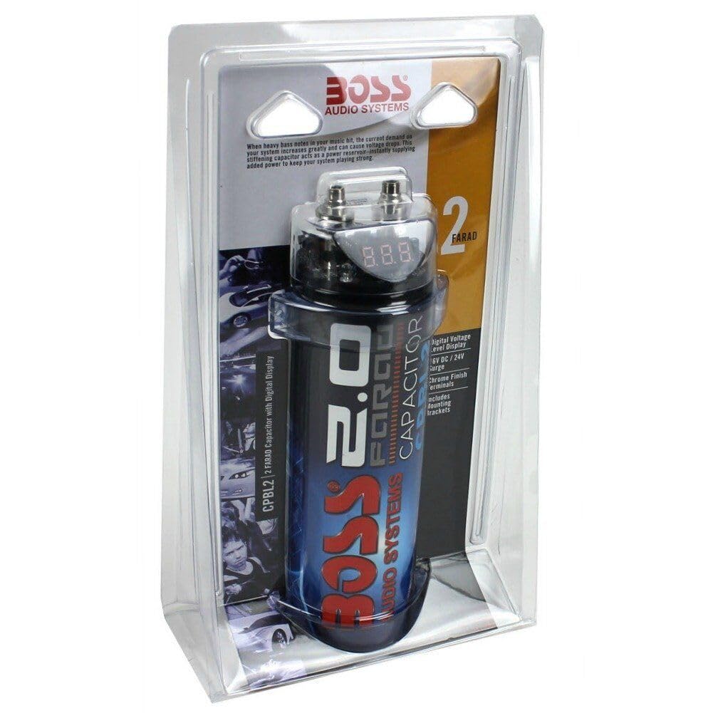 KIT SET PER BOSS AUDIO SYSTEMS CPBL2 1 condensatore 2 farad impianti fino a 2000 watt rms 1 2 3 4 5 10 capacitor con accensione cavo remote spl auto nero, 1 pezzo