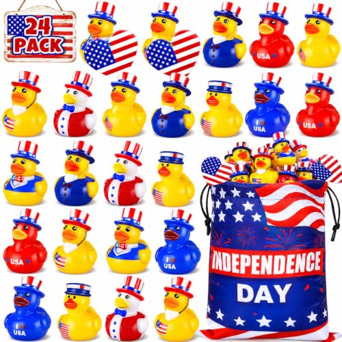 24 Pcs Patriotic Rubber Ducks with Tags and Storage Bag 4th of July Ducks for Jeeps Independence Day Party Favors Memorial Day Decorations Cruise Duck Hiding Classroom Gifts Exchange Prizes