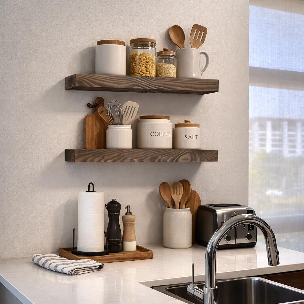 24 Inch Rustic Wood Floating Shelves for Wall,8.66 Inch Deep Solid Wood Wall Shelf with Heavy Duty Hidden Bracket, Black Walnut,24 × 8.66 × 2.28,for Living Room Bathroom Bedroom Kitchen, Set of 2