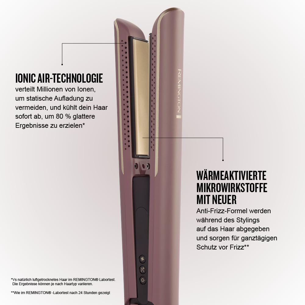 Remington AIRvive™ Glätteisen [Ionic Air-Technologie: weniger Frizz & statische Aufladung] Ultra-Keramikbeschichtung mit Mikrowirkstoffen (Schmale Platten, LCD-Display, 150-230°C) Haarglätter S8930