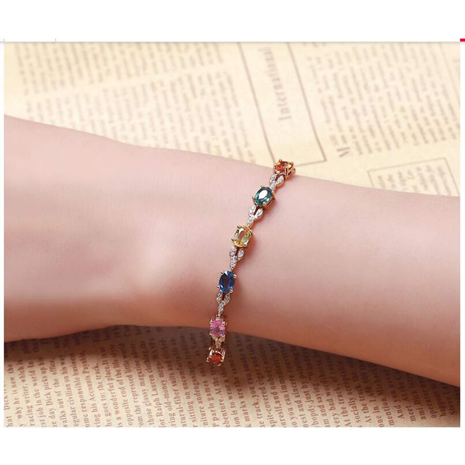 ZH1YFD Pulseras para Mujer Oro Rosa de 18 Quilates, Eslabón de Barra con Zafiro Multicolor Pulsera de Cadena de 3,6 Quilates Mujer 16+3CM