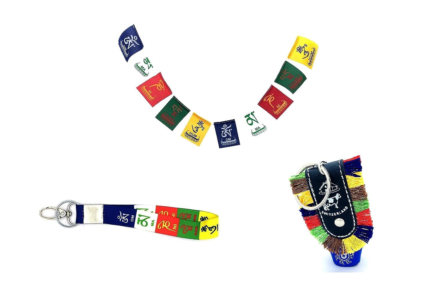 ONE POINT COLLECTIONS Tibetan Buddhist Prayer Flag, Tibet Keychain Multicolor Small & DDLJ Switzerland Swiss Cow Bell Keychain for bike,car,bag etc Pack of 3 Combo