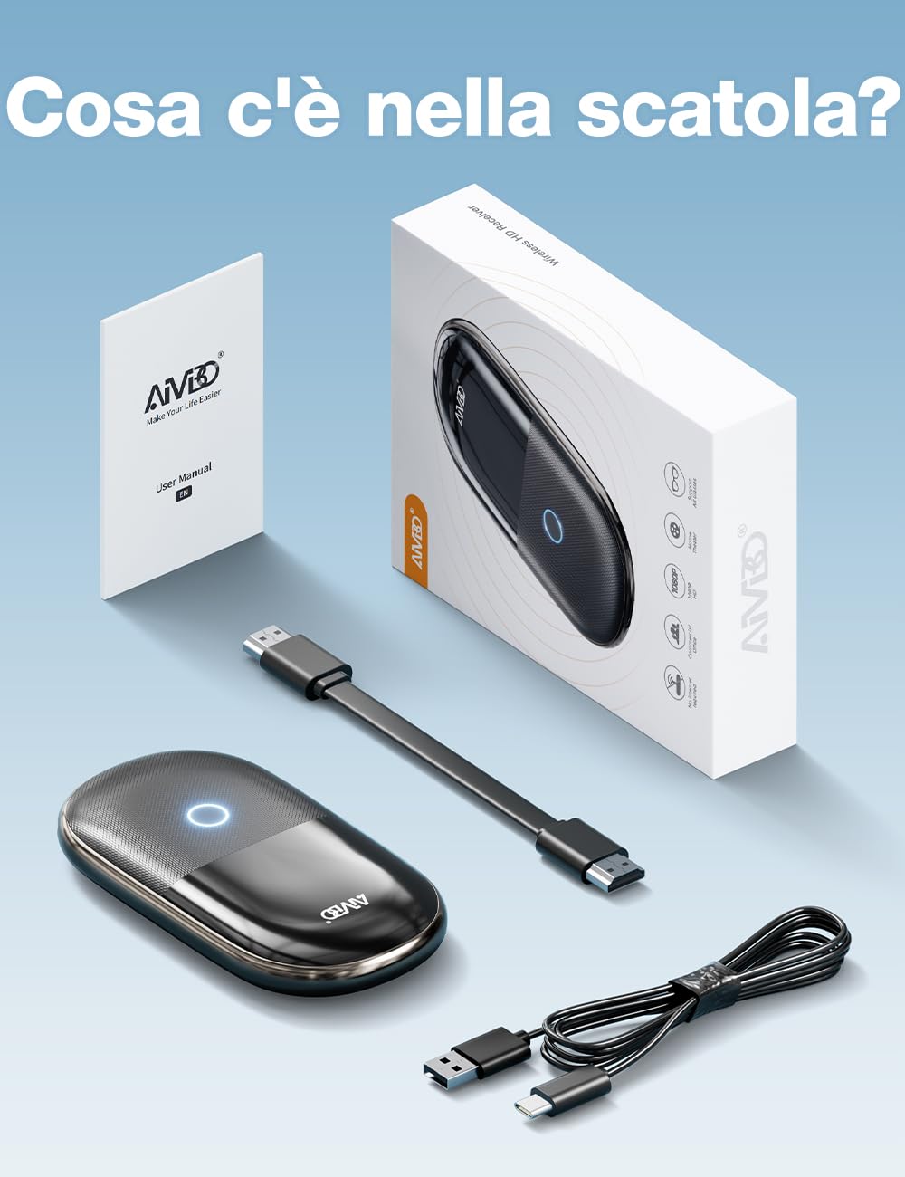 AIMIBO Adattatore Display Wireless con Batteria 5000mAh, Porte HDMI e USB-C, Decodifica 4K 1080P@60Hz, Dongle HDMI Supporta AirPlay Miracast DLNA per Smartphone Laptop a Occhiali AR TV Proiettore, 30m