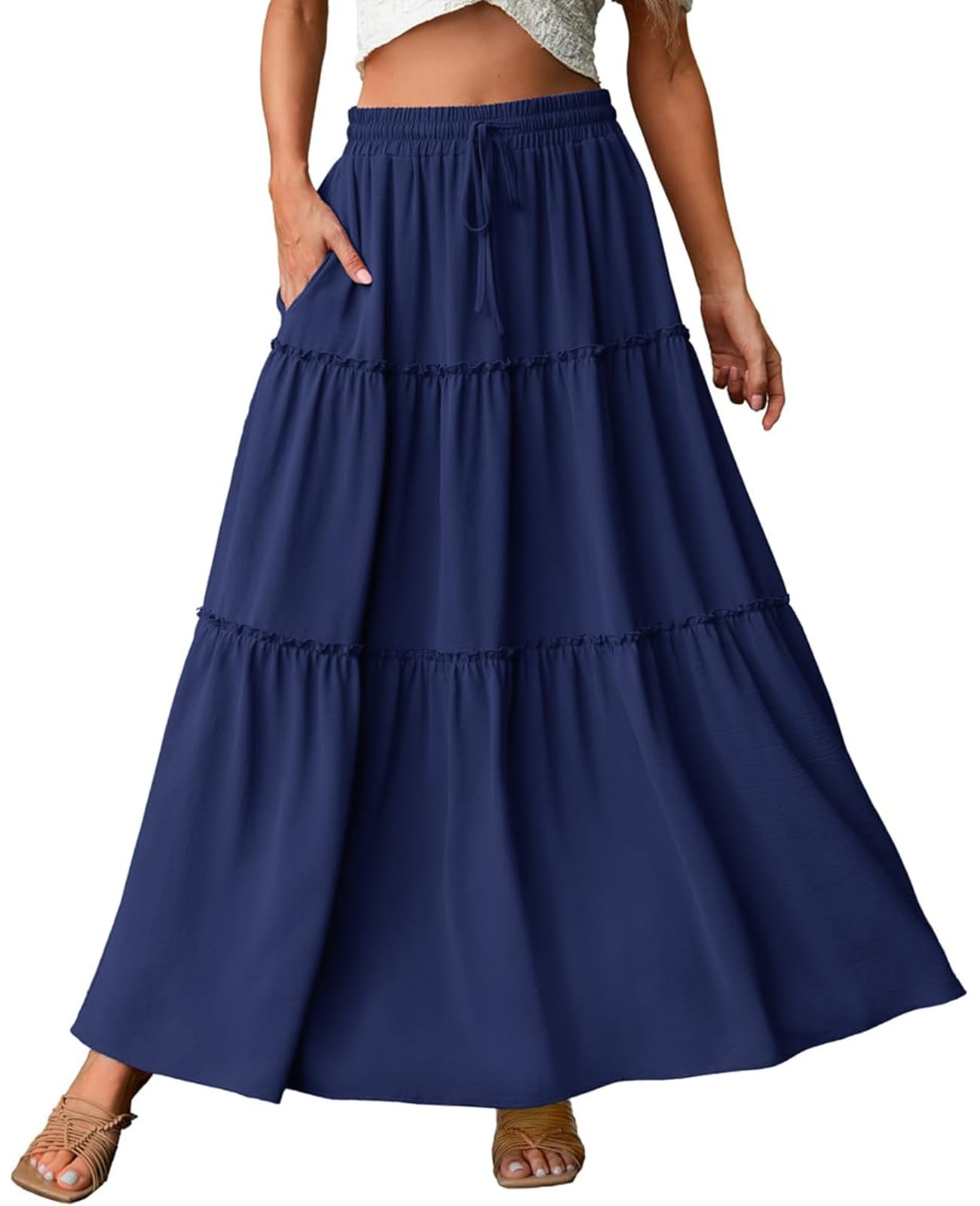 Vrouwen Geplooide Rok Elastische Taille Band Katoenmix Lange Maxi Rok, Champagne, XL